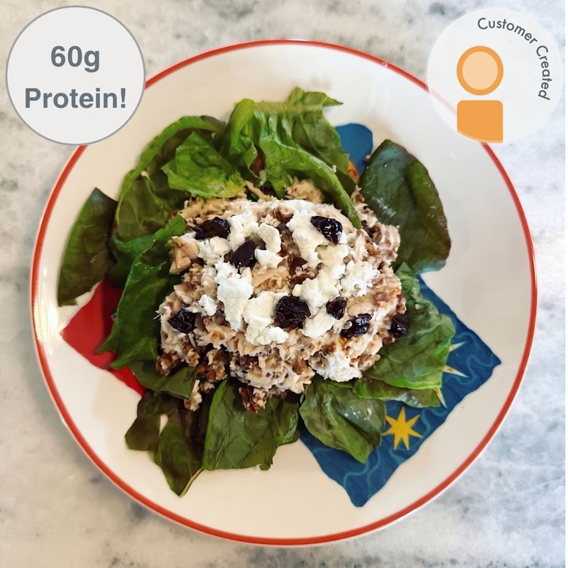 Fello Everything Bagel Protein Bar mixed with canned tuna, greek yogurt, feta cheese, and tart cherries served over lettuce. 60g protein per serving.