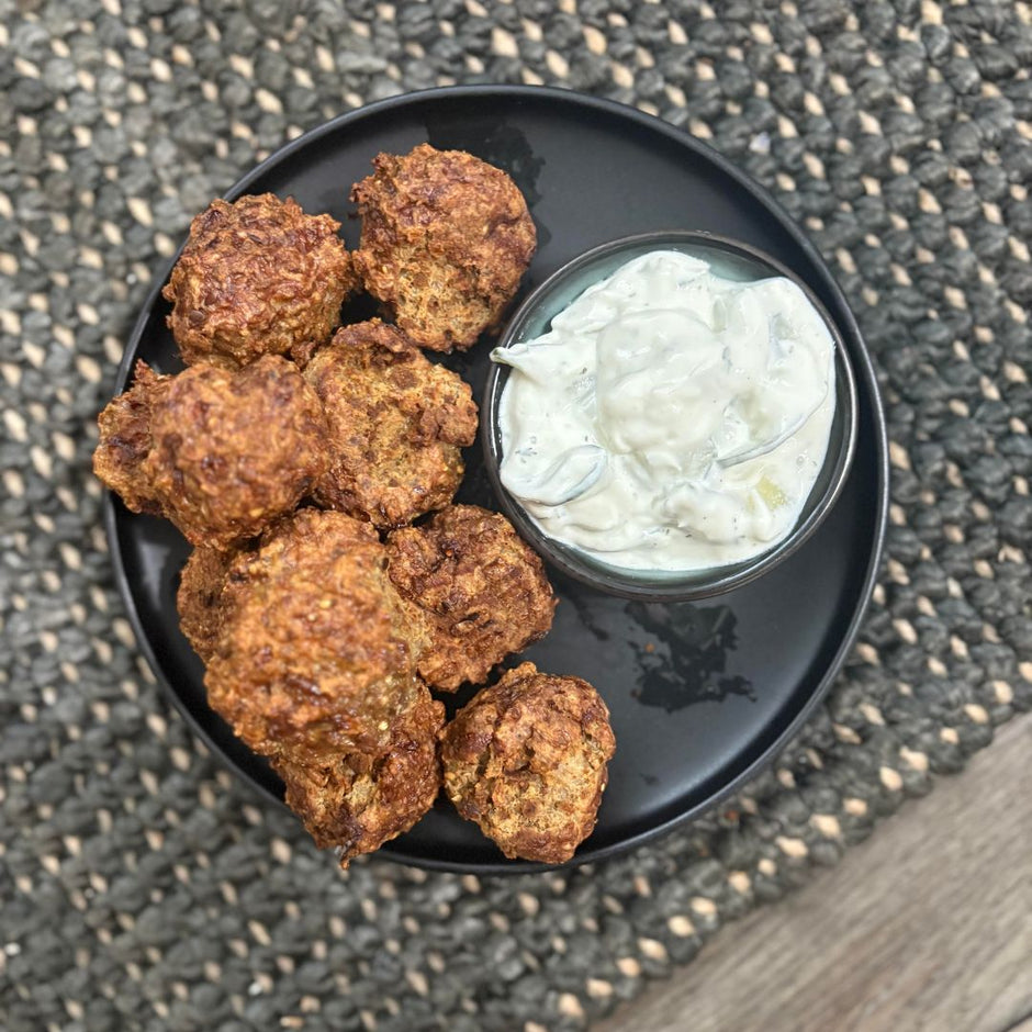 Fello Protein Turkey Meatballs served with tzatziki dipping sauce.