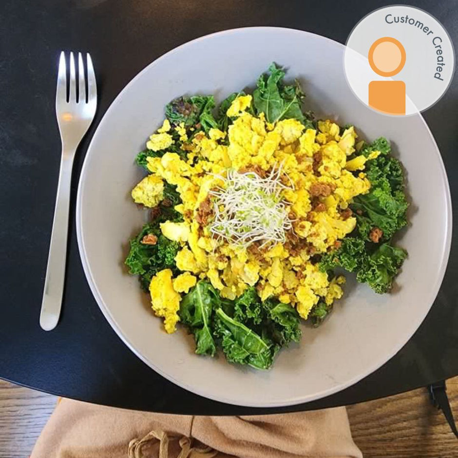 Tofu and Kale Scramble topped with Fello protein bar.  Fan Recipe.