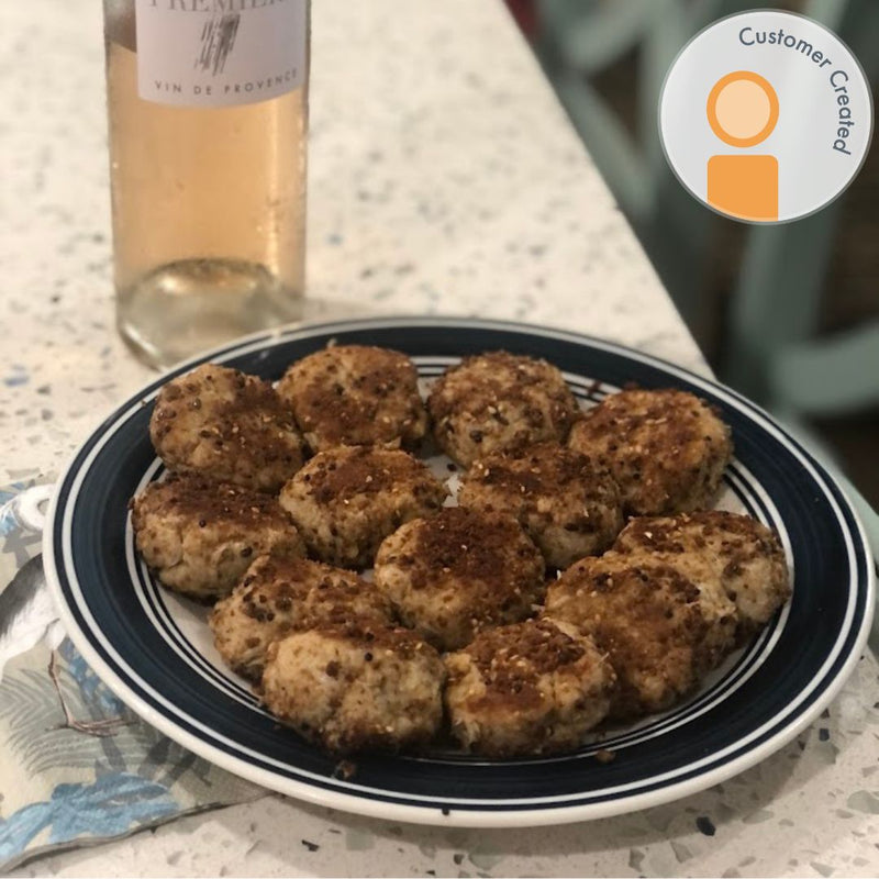 Crab Cakes with Fello Protein Bar as panko served with wine.